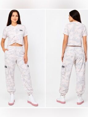 ✨adidas Pale Pink & Light Gray Camo Cropped Top and Cargo Joggers Set XL/L NWT